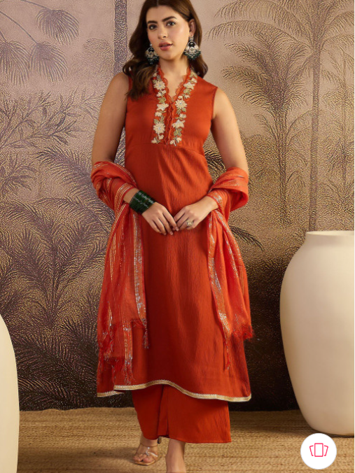 Embroidered A-Line Kurta with Dupatta - Image 4